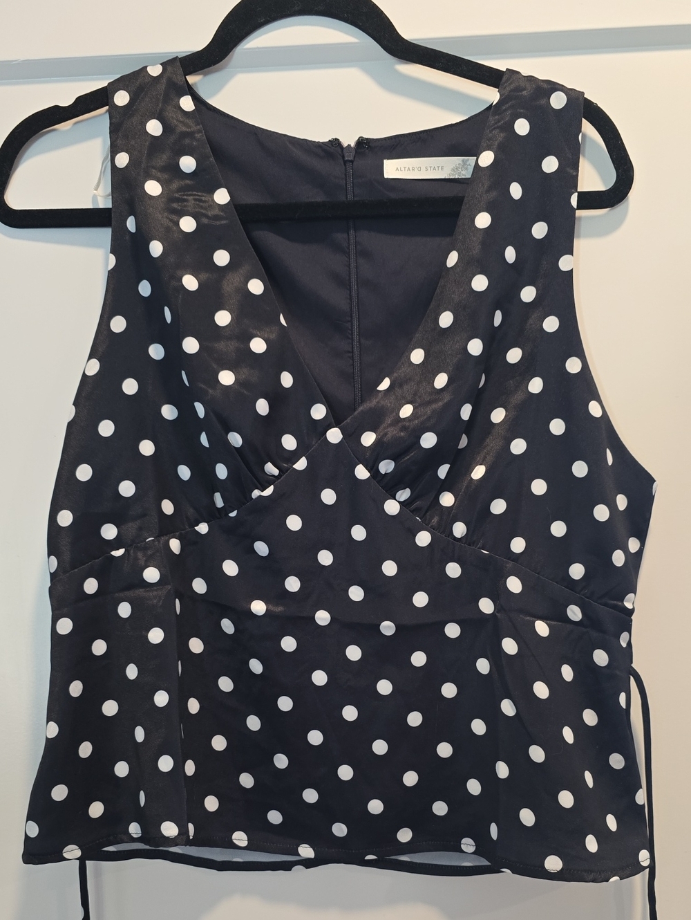 Altar'd State Black and White Polka Dot Sleeveless Wrap Camisole